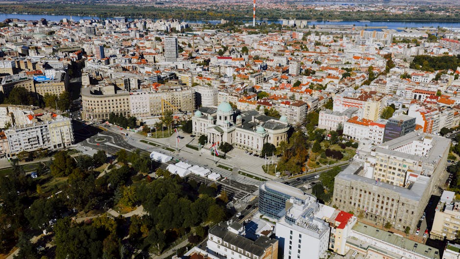 A picturesque aerial view of the National Assembly of Serbia in the heart of Belgrade.