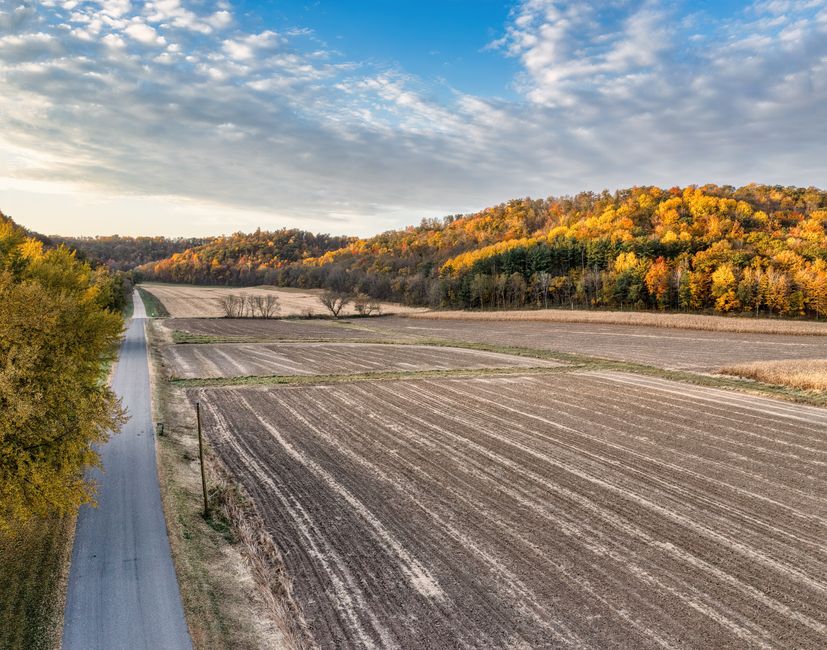 Aerial shot of expansive fields and colorful autumn forests in Nelson, Wisconsin. Perfect for travel and nature themes.